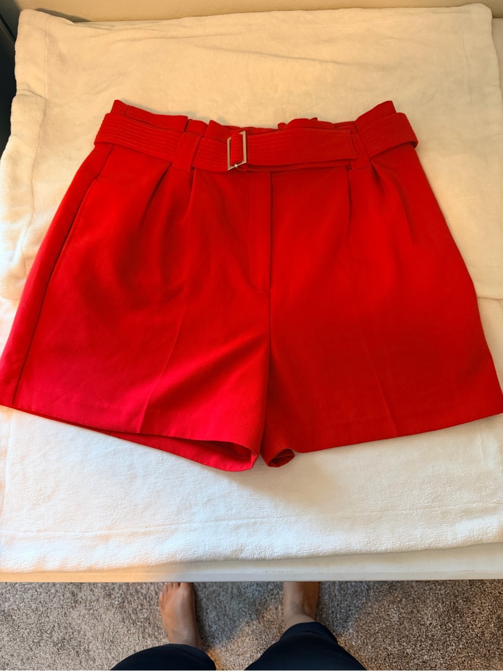 Women's High-Waist Red Belted Trouser Shorts